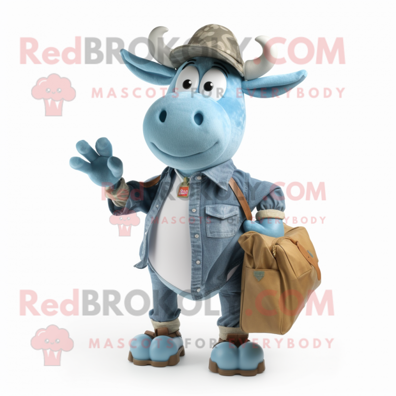 Cyan Beef Stroganoff mascot costume character dressed with a Denim Shorts and Clutch bags