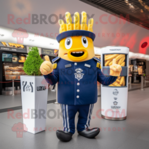 Navy French Fries mascot costume character dressed with a Jeggings and Smartwatches