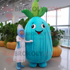 Cyan Radish mascot costume character dressed with a Maxi Dress and Hairpins