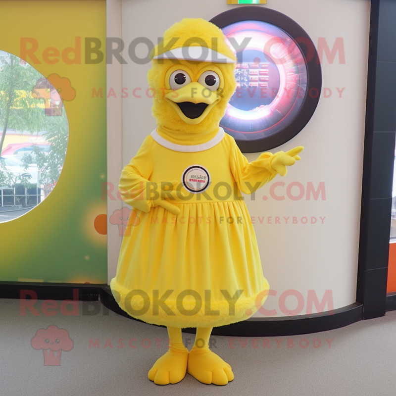 Lemon Yellow Emu mascot costume character dressed with a Circle Skirt and Caps