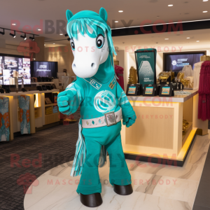 Turquoise Horseshoe mascot costume character dressed with a Graphic Tee and Bracelets