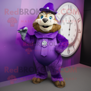 Purple Marmot mascot costume character dressed with a Evening Gown and Digital watches