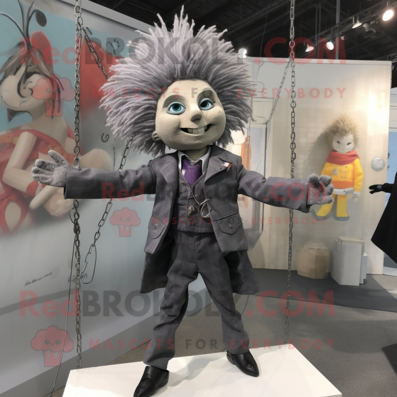 Gray Trapeze Artist mascot costume character dressed with a Suit Jacket and Hair clips