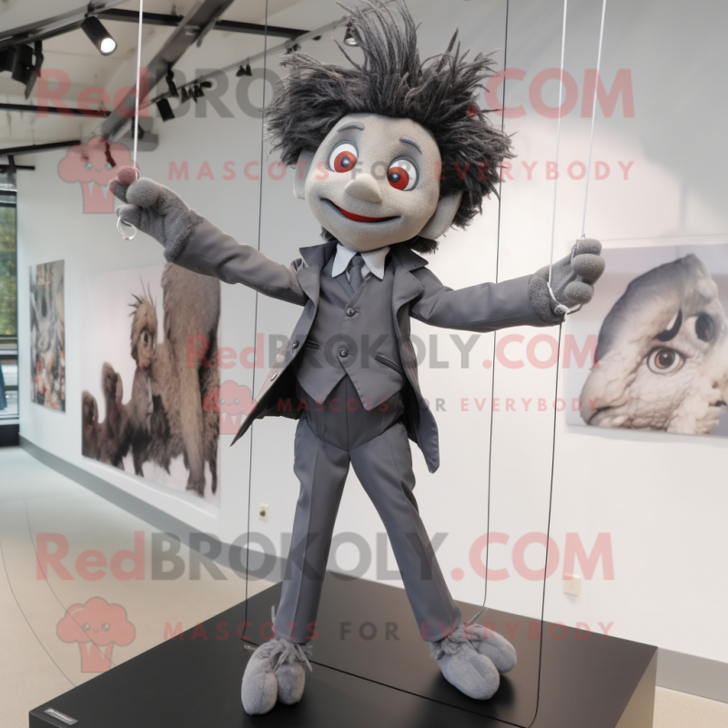 Gray Trapeze Artist mascot costume character dressed with a Suit Jacket and Hair clips