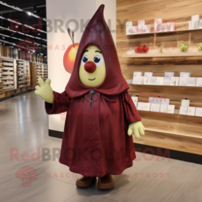 Maroon Pear mascot costume character dressed with a Coat and Shoe clips