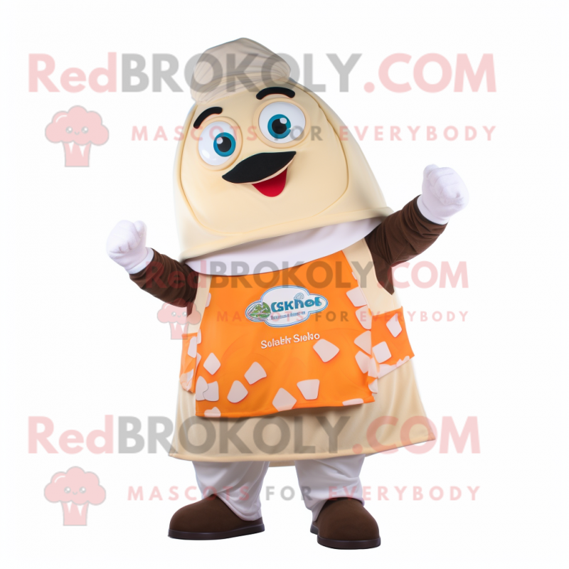 Cream Shakshuka mascot costume character dressed with a Jacket and Belts