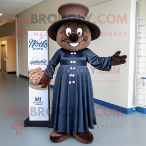 Navy Chocolate Bar mascot costume character dressed with a Maxi Dress and Hats