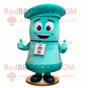 Cyan Dim Sum mascot costume character dressed with a Tank Top and Hat pins