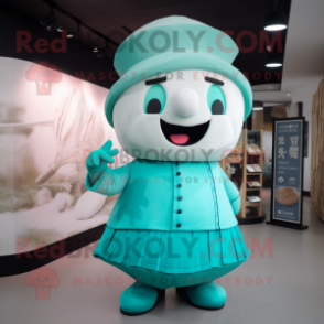 Cyan Dim Sum mascot costume character dressed with a Tank Top and Hat pins