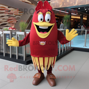 Maroon French Fries mascot costume character dressed with a Rash Guard and Anklets