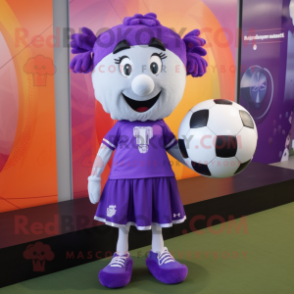 Purple Soccer Ball mascot costume character dressed with a Skirt and Tie pins