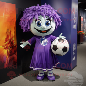 Purple Soccer Ball mascot costume character dressed with a Skirt and Tie pins