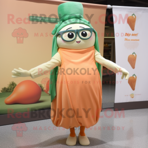 Peach Pesto Pasta mascot costume character dressed with a Wrap Skirt and Eyeglasses