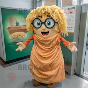 Peach Pesto Pasta mascot costume character dressed with a Wrap Skirt and Eyeglasses