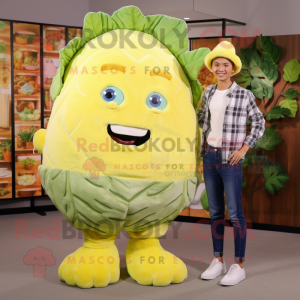 Lemon Yellow Cabbage mascot costume character dressed with a Flannel Shirt and Hair clips