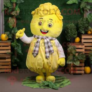 Lemon Yellow Cabbage mascot costume character dressed with a Flannel Shirt and Hair clips