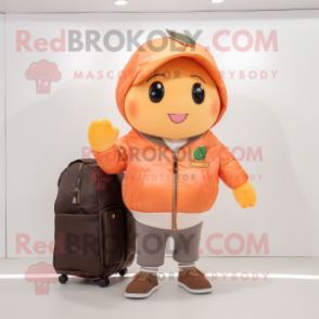 Peach Mango mascot costume character dressed with a Bomber Jacket and Tote bags