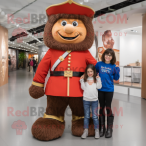 Brown British Royal Guard mascot costume character dressed with a Mom Jeans and Belts