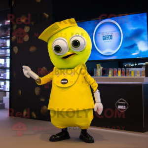 Lemon Yellow Ceviche mascot costume character dressed with a Cocktail Dress and Digital watches