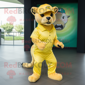 Lemon Yellow Jaguarundi mascot costume character dressed with a Polo Tee and Headbands