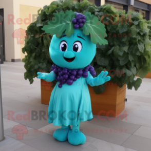 Turquoise Grape mascot costume character dressed with a Sheath Dress and Hair clips