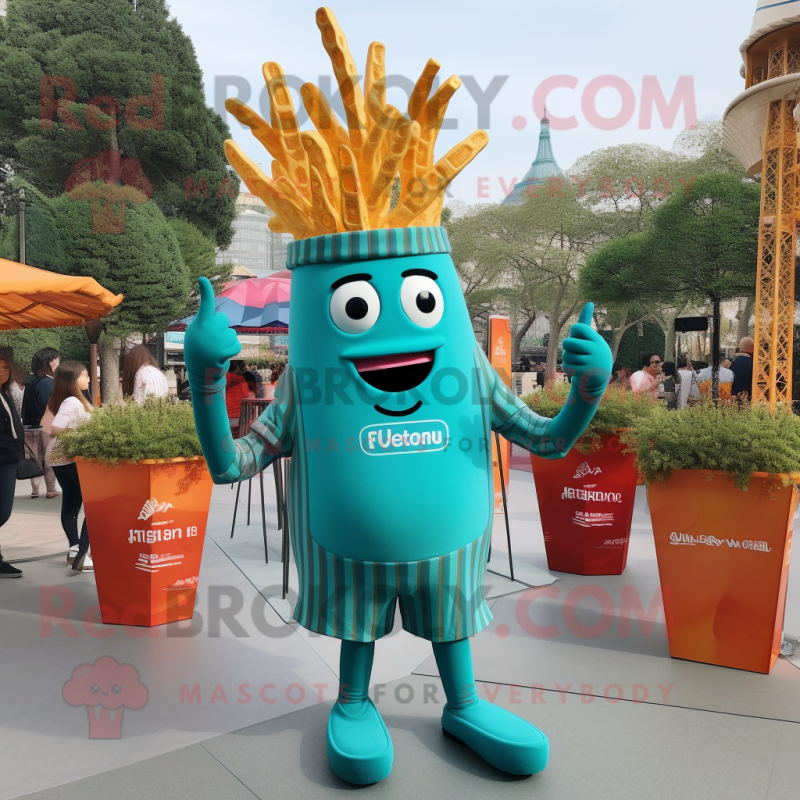 Teal French Fries mascot costume character dressed with a Jumpsuit and Shoe laces