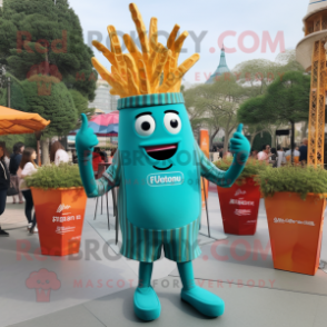 Teal French Fries mascot costume character dressed with a Jumpsuit and Shoe laces