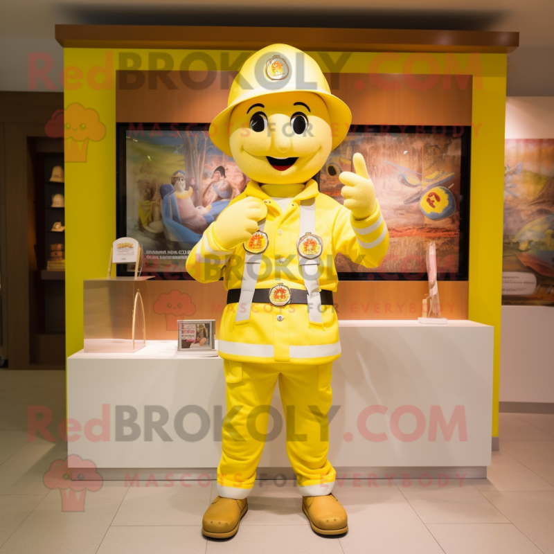 Lemon Yellow Fire Fighter mascot costume character dressed with a Jacket and Suspenders