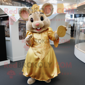 Gold Mouse mascot costume character dressed with a Empire Waist Dress and Coin purses