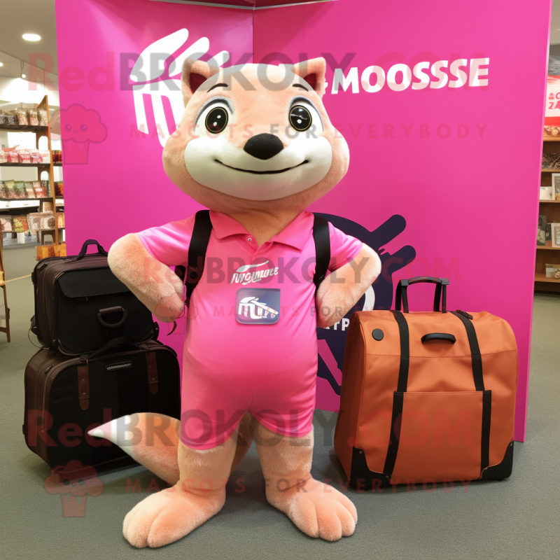 Pink Mongoose mascot costume character dressed with a T-Shirt and Tote bags