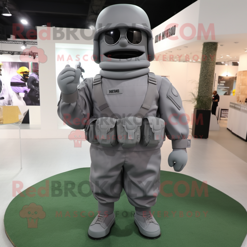 Gray Army Soldier mascot costume character dressed with a A-Line Dress and Belts