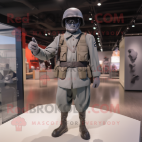 Gray Army Soldier mascot costume character dressed with a A-Line Dress and Belts