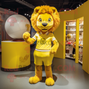 Lemon Yellow Tamer Lion mascot costume character dressed with a Pencil Skirt and Cummerbunds