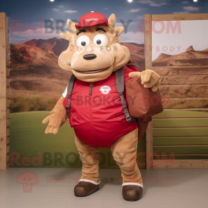 Red Beef Wellington mascot costume character dressed with a Cargo Shorts and Bracelets