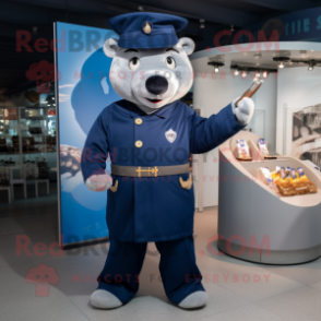 Navy Knife Thrower mascot costume character dressed with a Coat and Coin purses