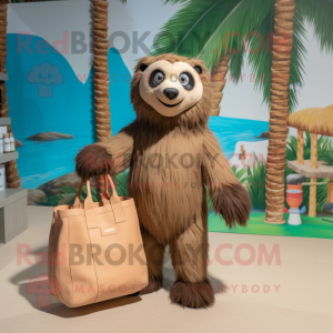 Tan Sloth Bear mascot costume character dressed with a Bikini and Tote bags