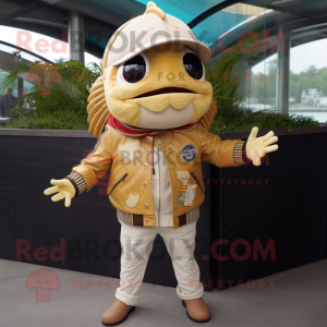 Beige Fish Tacos mascot costume character dressed with a Moto Jacket and Lapel pins
