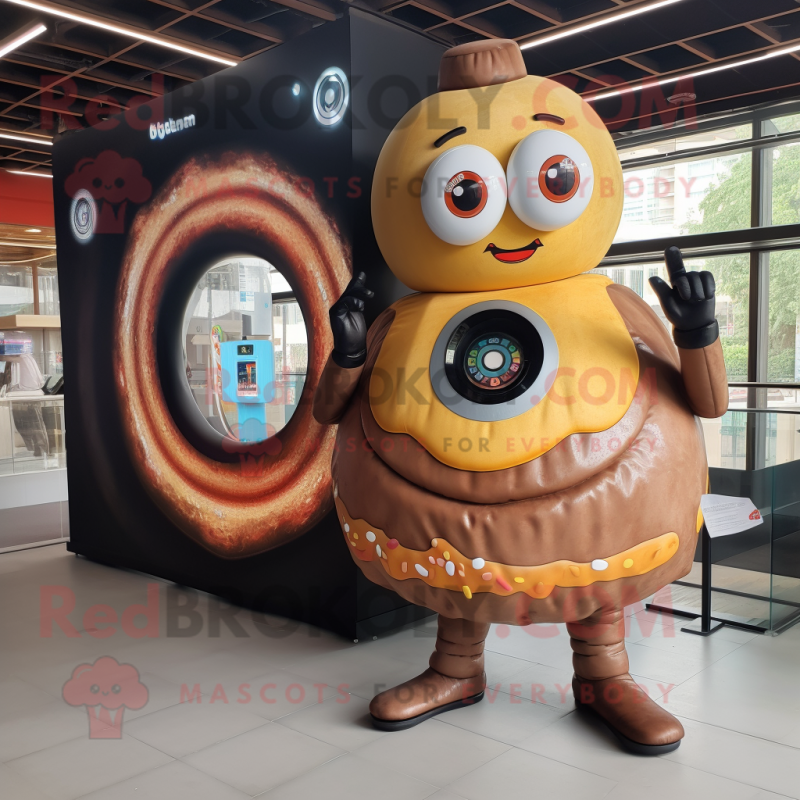 Rust Donut mascot costume character dressed with a Mini Dress and Digital watches