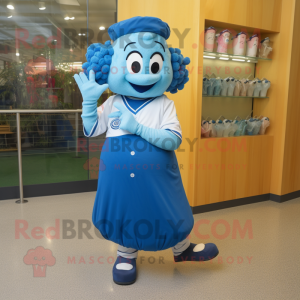 Blue Baseball Glove mascot costume character dressed with a Midi Dress and Earrings