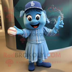 Blue Baseball Glove mascot costume character dressed with a Midi Dress and Earrings