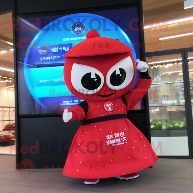 Red Sushi mascot costume character dressed with a Mini Skirt and Digital watches