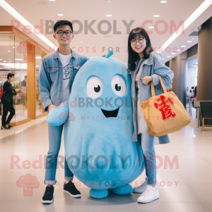 Sky Blue Dim Sum mascot costume character dressed with a Boyfriend Jeans and Tote bags