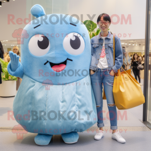 Sky Blue Dim Sum mascot costume character dressed with a Boyfriend Jeans and Tote bags