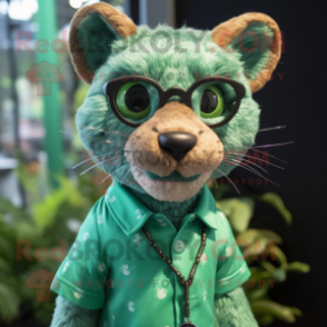 Green Jaguarundi mascot costume character dressed with a Blouse and Eyeglasses