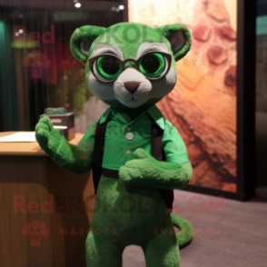 Green Jaguarundi mascot costume character dressed with a Blouse and Eyeglasses