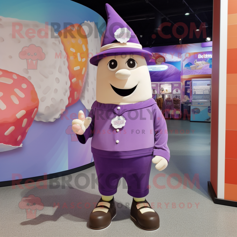 Purple Ice Cream mascot costume character dressed with a Graphic Tee and Hat pins