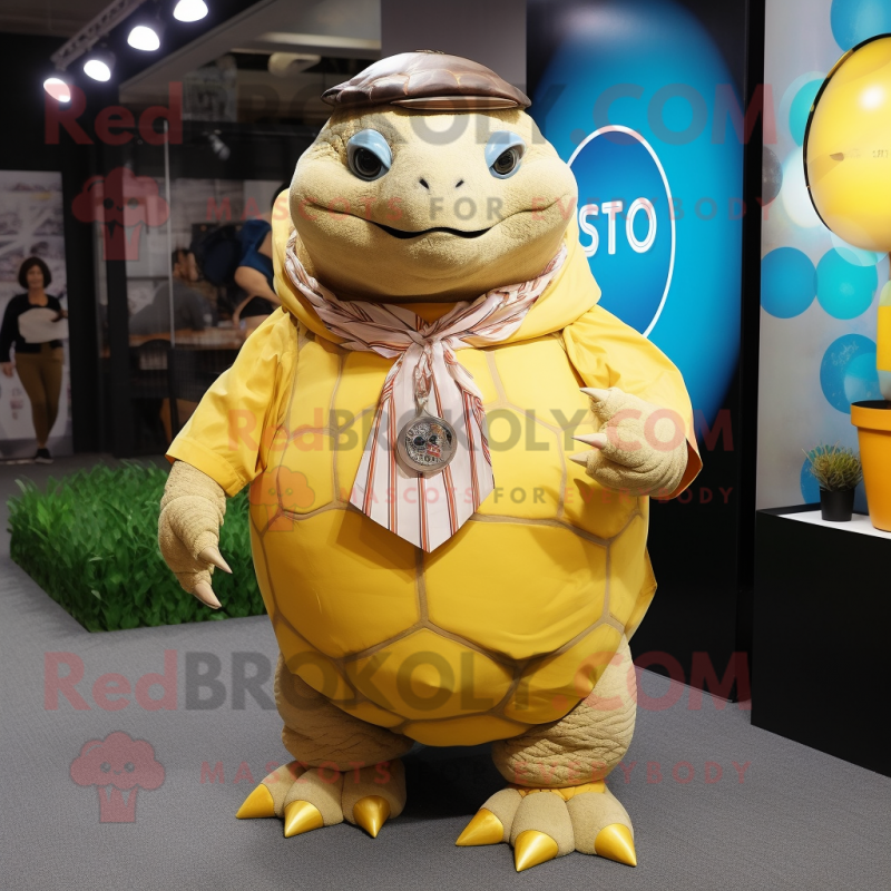 Yellow Glyptodon mascot costume character dressed with a Dress Shirt and Bracelets