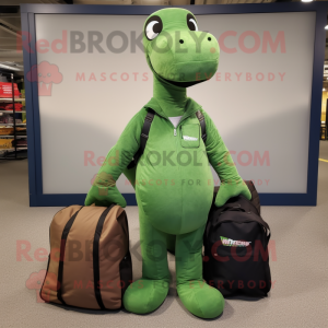 Forest Green Diplodocus mascot costume character dressed with a Cargo Pants and Messenger bags