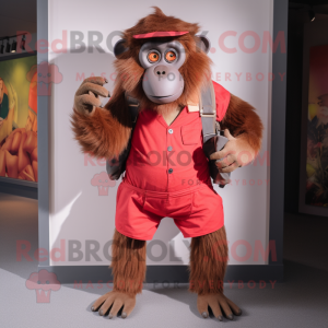 Red Baboon mascot costume character dressed with a Vest and Belts
