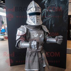 Silver Medieval Knight mascot costume character dressed with a T-Shirt and Caps